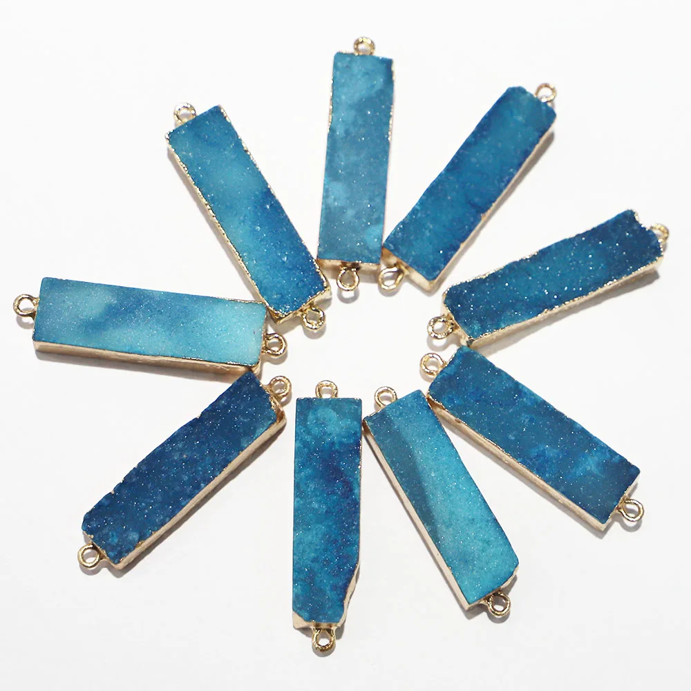Natural Blue Druzy Stone Double Buckle Pendants Connector Metal Mineral Specimen Agate Slice Charms Geode Rough For Jewelry 6Pcs