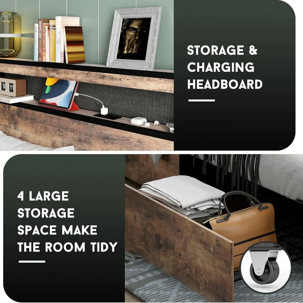 Queen Size Bed Frame with 4 Storage Drawers, Charging Station and LED Lights,2 Tier Headboard Storage, Noise Free, Bed Frame 5