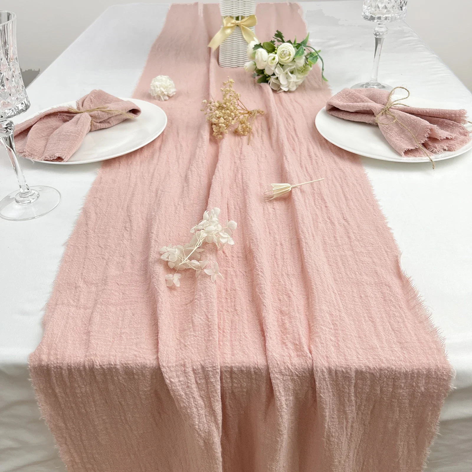 Reusable Cotton Wedding Napkins - 10pcs Green Trim Rustic Party Decor
