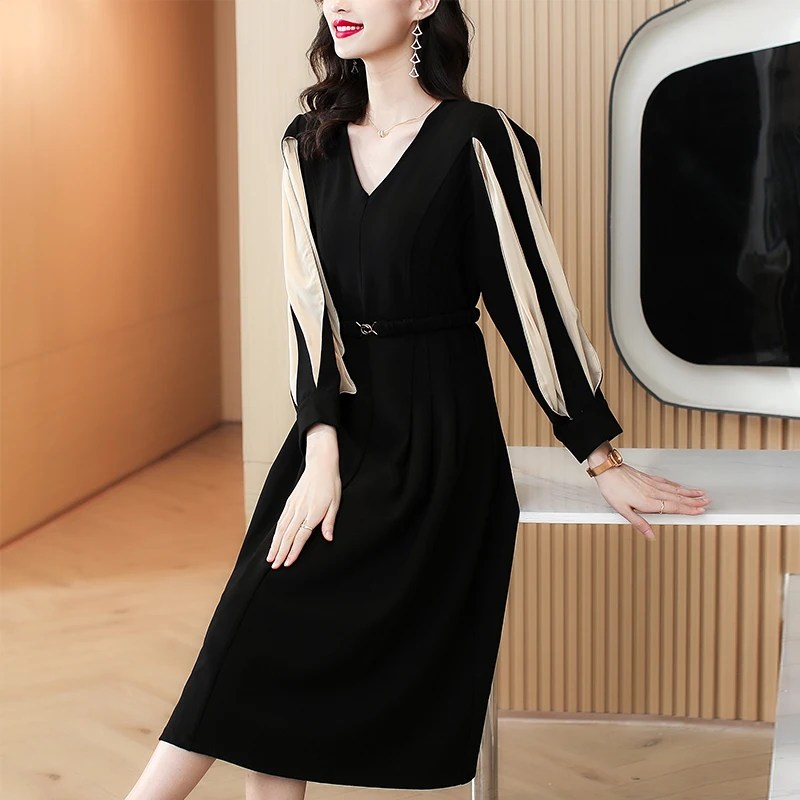 

2023 New Fashion Mulberry Silk Dress Women's Autumn Retro Long Sleeve Knee Length Dress Korean Loose Tight Luxury Vacation Vesti