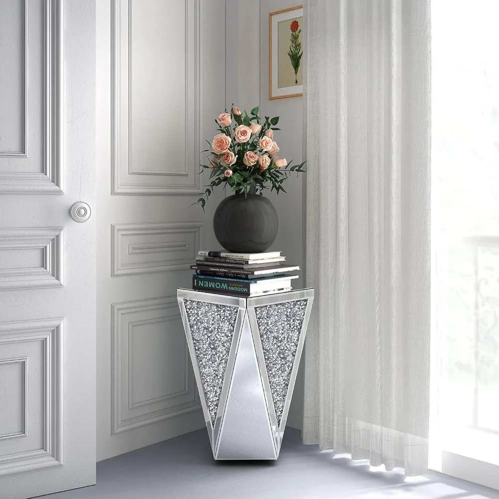 Mirrored End Table Crystal Diamond Setting Coffee Table Silver Glass Side Table Pedestal Stand for Hallway, Living Room, Corner 3