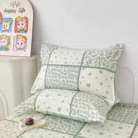 Floral Patchwork Fitted Sheet Twin Queen Size 100% Cotton Green Plaid Deep Pocket Sheet 3Pcs Shabby Chic Botanical Bed Sheet Set 4