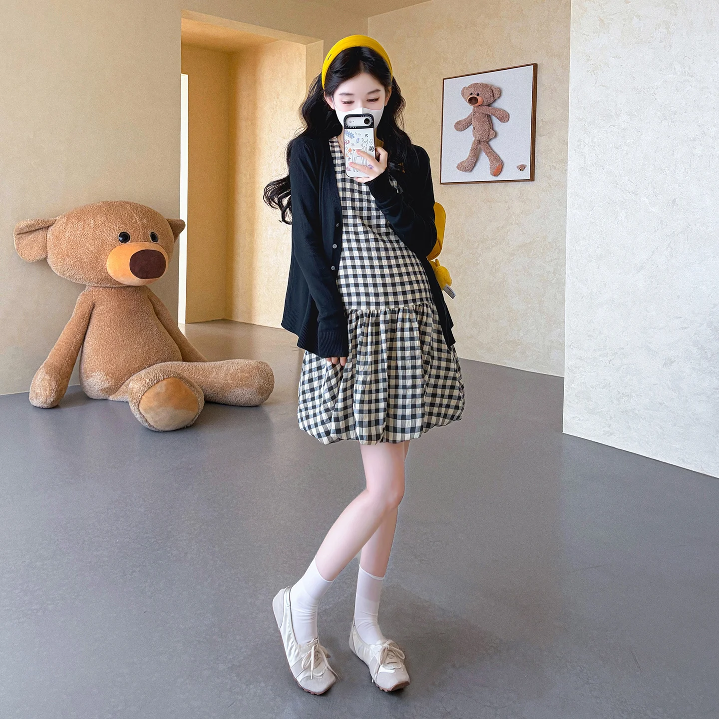 임산부를 위한 세련된 비임산부룩 봄 가을 체크무늬 블루머 스커트 가디건 아우터 투피스 세트 한국 스타일 면 이너