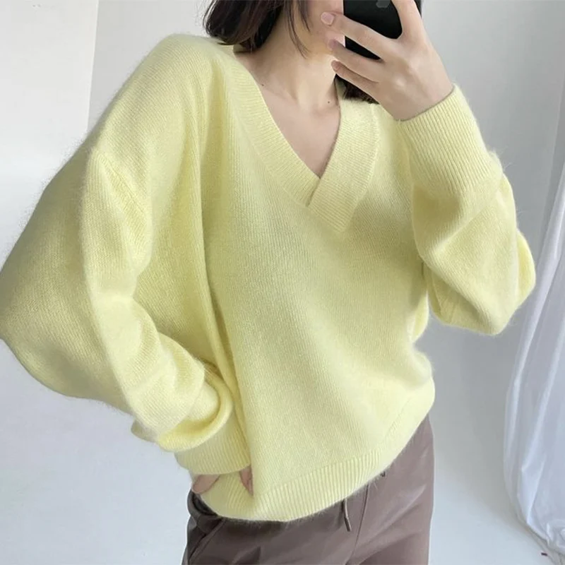 Blessyuki Soft Cashmere Sweater Women 2022 New Casual Loose V-Neck Basic Knitted Pullovers Female Korean Simple Lazy Jumper Tops