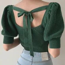 Women's Clothing French Green Sweater Knitting Square Neck Sexy Backless Puff Short Sleeves Casual Korean Fashion Tops Summer