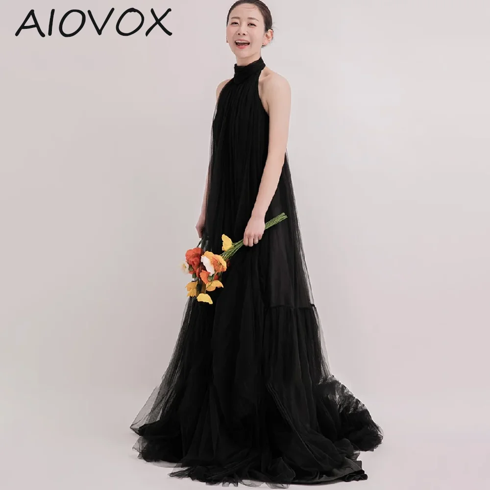 

AIOVOX A-line Formal Dress Sexy Tulle Halter Black فساتين طويلة Sweep Train Photo shoot Backless Bridal Gowns 공식 연회 예복이브닝 드레스