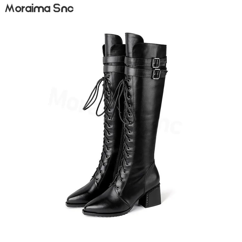 

Side Zipper Lace-Up Knee-High Boots Round Toe Thick High Heels Personalized Knight Boots Large Size Casual Women's Boots