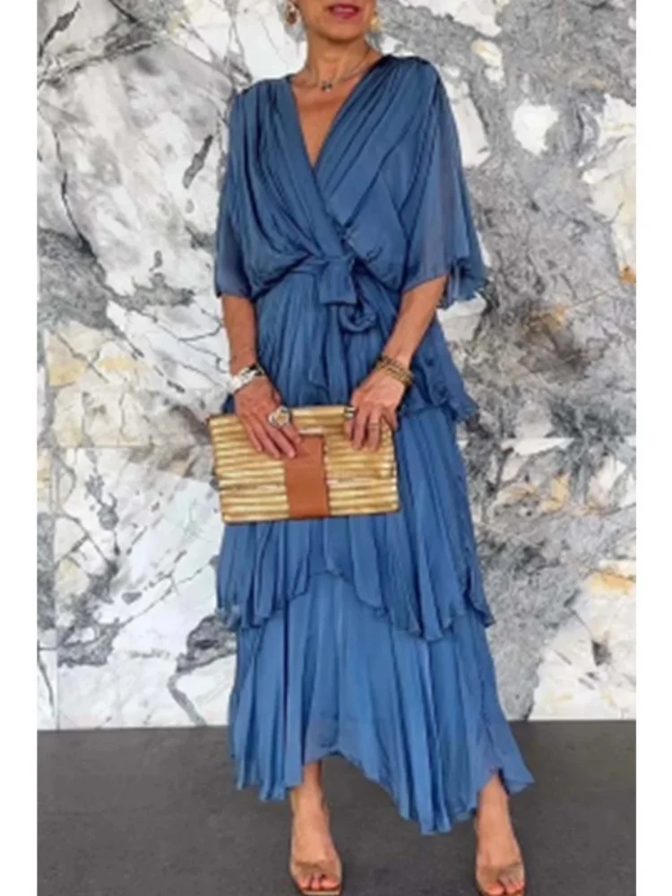 wmstar dress women wholesale 2025 New European American cross border summer solid color V neck chiffon cake Bat sleeve dresses