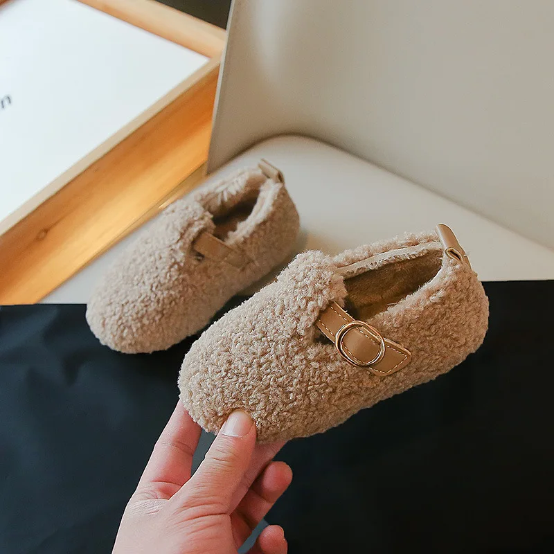 Winter Girls Shoes Lambswool Warm Children Flats Soft Sole Kids Cotton Shoe Casual Loafers Lightweight Non-slip Baby Furry Shoes