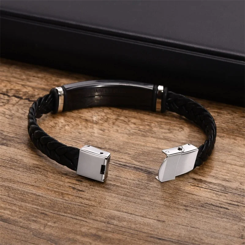 Personalized Leather Bracelet for Men Stainless Steel Custom Engraved Name ID Bracelet Gift for him Customized Wristband Gift