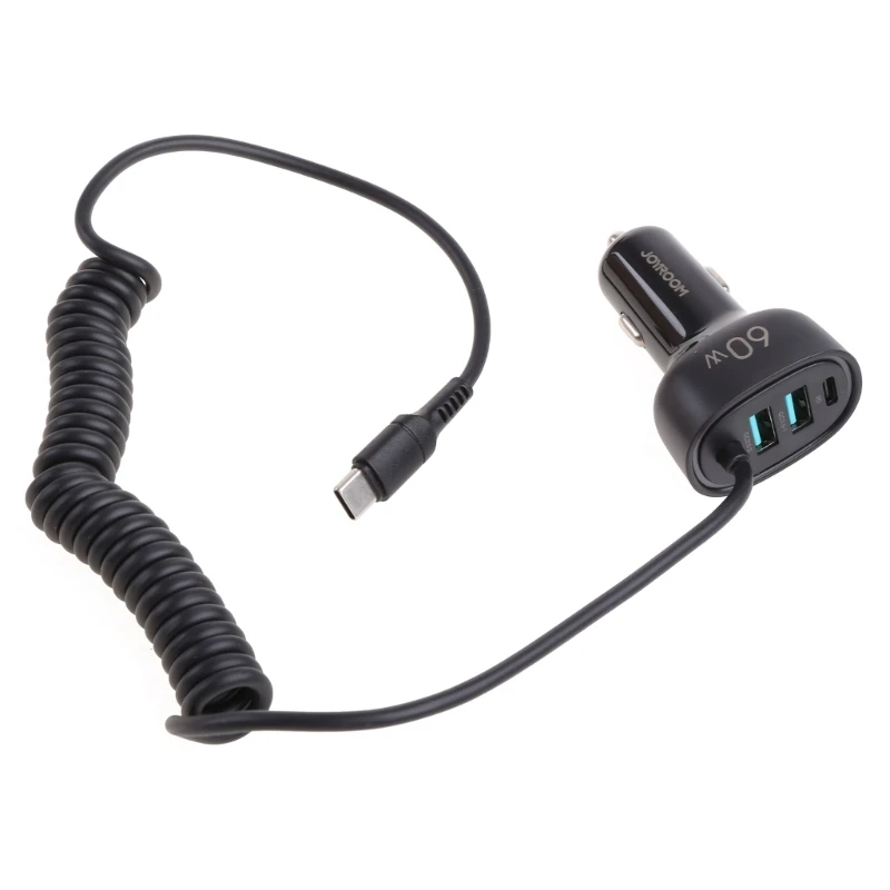 

3-портовое компактное быстрое автомобильное зарядное устройство со спиральным кабелем типа для 4 устройств, общая мощность 60