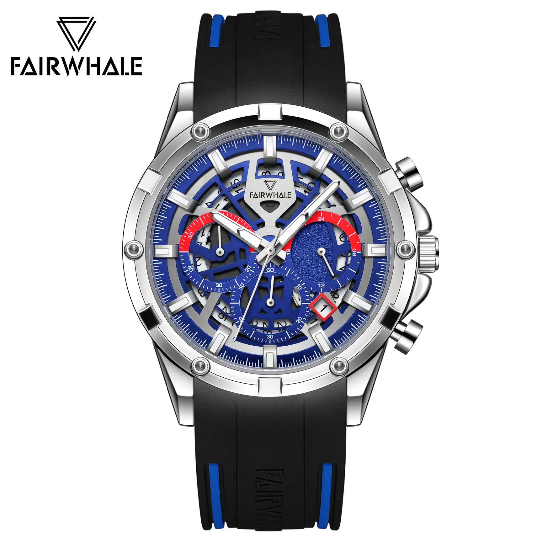 

MARK FAIRWHALE Silver Blue Sports Quartz Watch for Men Waterproof Luminous Hands Top Brand Silicone Band Six Pin Watches Mens