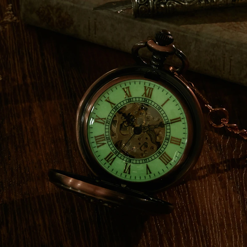 Rose Gold Deer Luminous Mechanical Pocket Watch Goat Hollow Fob Chain Box Package Men Women Watches for Christmas Gift