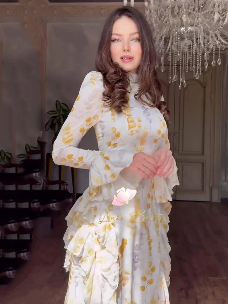 Fashion Printing Lace Up Long Dresses Spring Women Flare