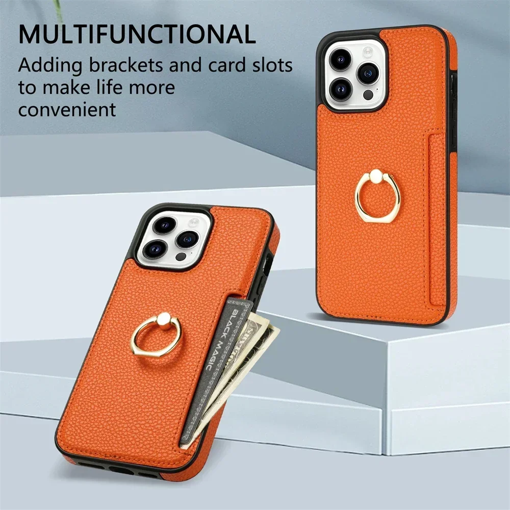 Litchi Leather Wallet Case with Ring Holder