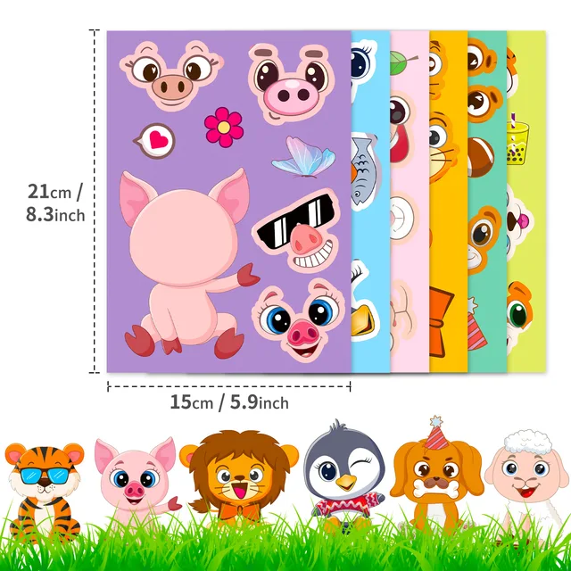6Sheets Cute Children DIY Puzzle Sticker Games 6 Animals Make A Face Funny Assemble Jigsaw Stickers Kids Educational Toys 4