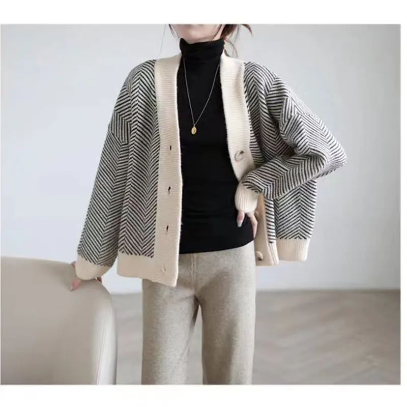 Осень-зима 2022, корейская мода, женское винтажное вязаное пальто, Свободный Полосатый свитер для женщин, новая верхняя одежда, повседневные топы