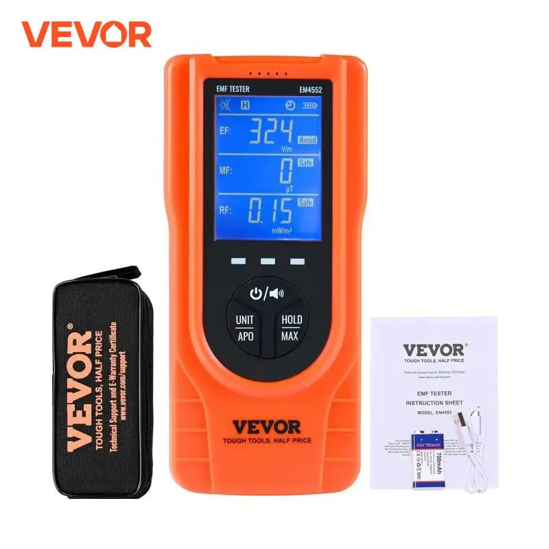 VEVOR 3-in-1 EMF Meter 5Hz-3.5GHz Handheld Rechargeable Electromagnetic Field Radiation Detector Digital LCD Tester