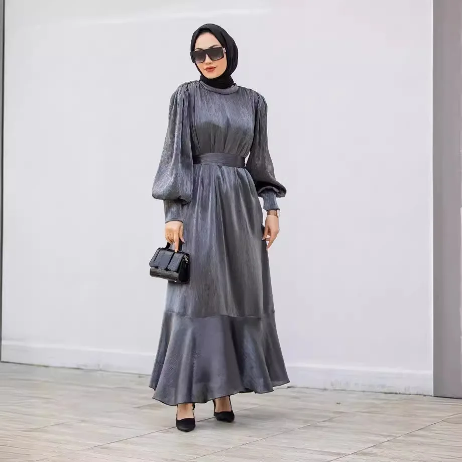 

Muslim Fashion Clothes Women Abaya Dubai Arab Puff Sleeves Lace-up Dress Solid with Ruffles Robe Turkey Caftan Marocain Abayas