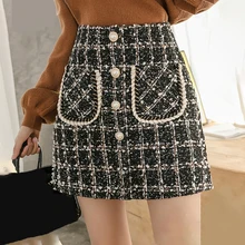 

Tweed Skirts Women Autumn Winter Pearl Button Mini Pencil Skirts Plaid Wool Skirts Korean High Waist Elegant Tweed Ladies Skirt