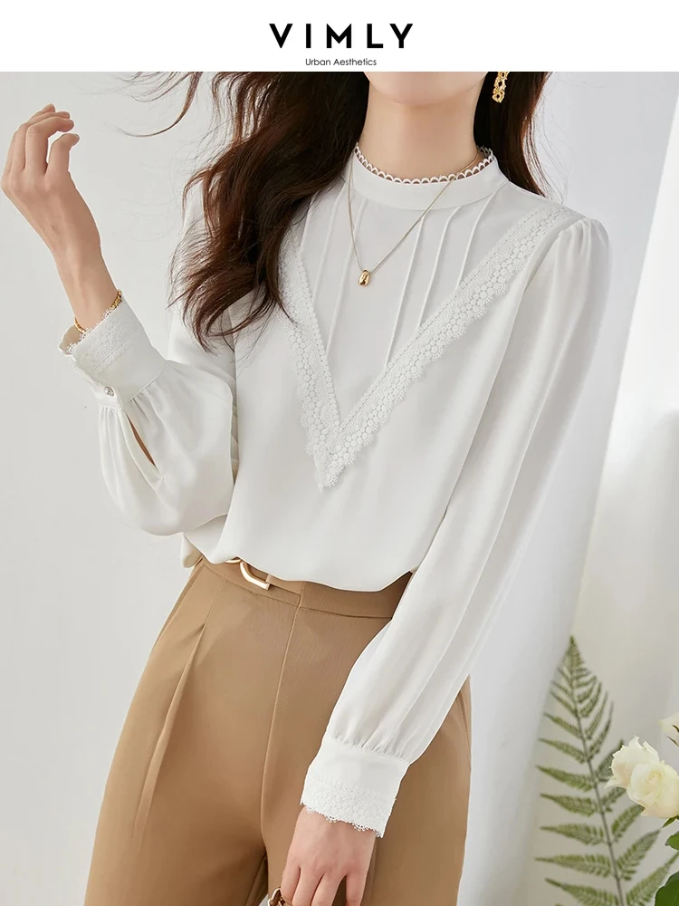 Vimly French Style Chiffon Blouse for Women 2023 Spring Vintage Elegant Lace Long Puff Sleeve Tops Loose Chic Shirt Ladies V7807 vimly elegant o neck cropped tweed jacket female 2023 winter new office ladies single breasted long sleeve quilted coat m5553