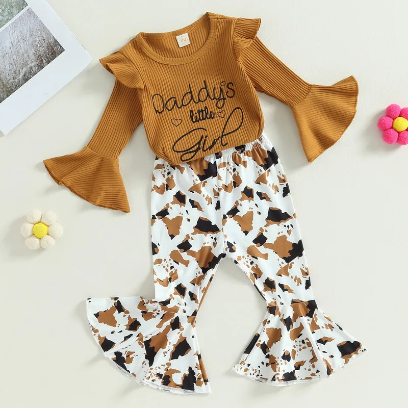 

Toddler Baby Girl Pant Sets Autumn Clothes Letter Long Sleeve Ribbed Tops and Flare Pants Set 2Pcs Outfit Baby Items Clothing