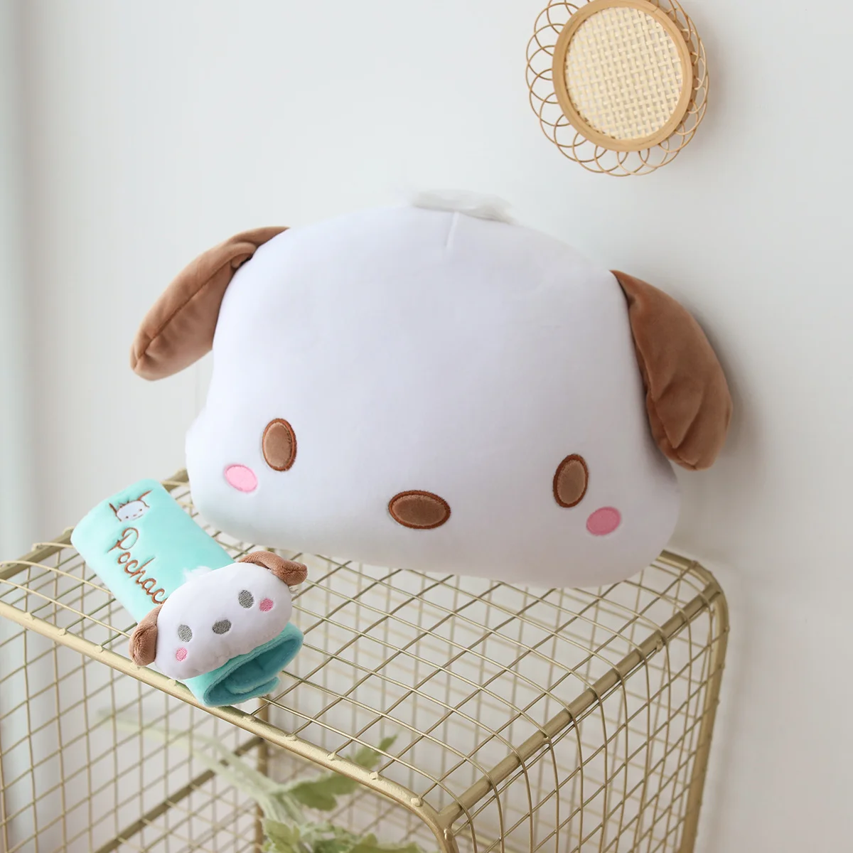 Sanrio Cute Pochacco Plush Toy Headrest Seat Belt Cover Back Cushion For Car Seat Throw Pillow Sofa Bed Xmas Gifts Girl