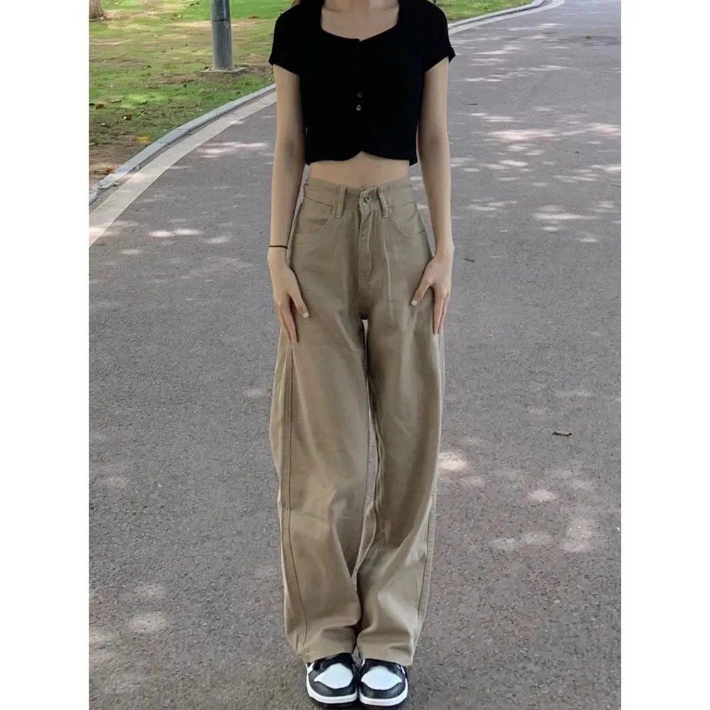 High Waist Women Jeans Khaki Streetwear Korean Pants Casual Summer Harajuku Straight Vintage Grunge Ladies Denim Trouser