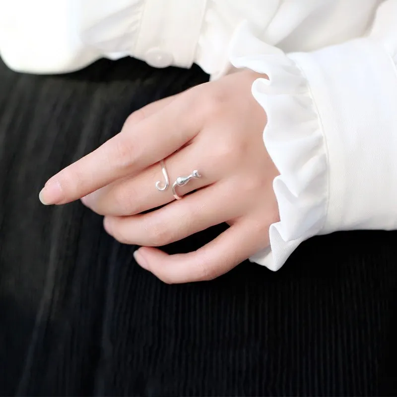 Anillos de dedo ajustables de plata de ley 925 con diseño de gato adorable rosa CZ para mujer Anillos de dedo ajustables de plata de ley 925 con diseño de gato adorable rosa CZ para mujer