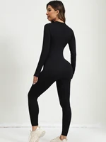 Women Rompers Ribbed long Sleeve Zip Front Stretch Tummy Control Yoga Workout Rompers - Image 2