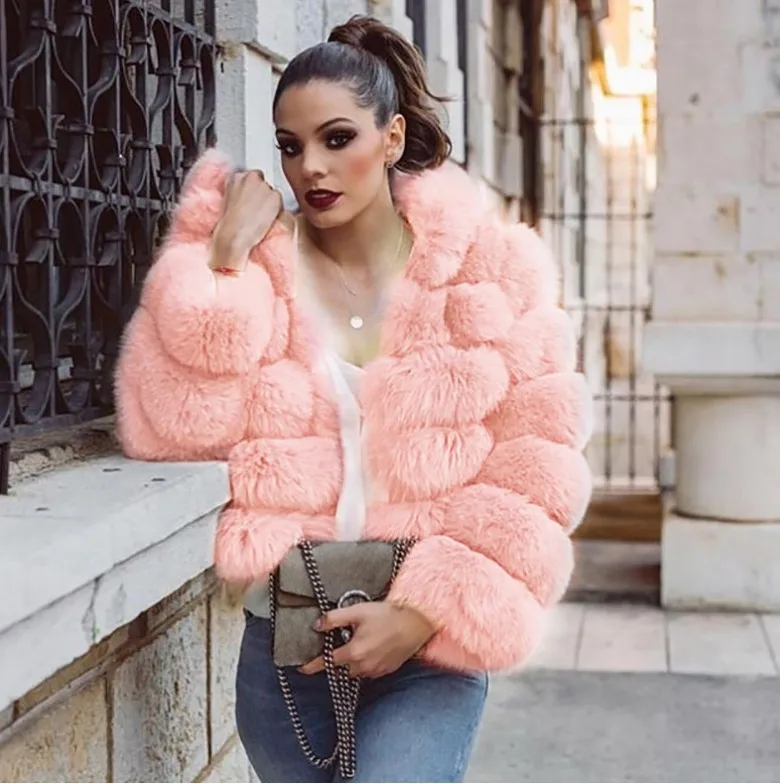 18color S-4XL Winter Spring Faux Fox Fur Warm Windproof Slim Standing Neck Spliced Faux Fur Coat for Women