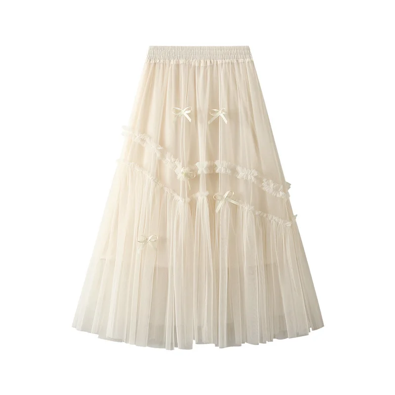 

OHRYIYIE Women Long Tulle Skirt 2023 New Korean Sweet Bow Patchwork A Line High Waist Pleated Midi Mesh Skirt Female Beige Black