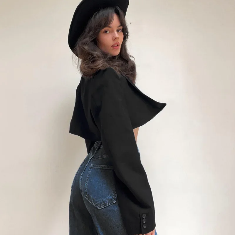 Women's Long-sleeved Pocket Short Jacket Double-layer Bandage Slim Small Suit Sexy Long-sleeved Slim Slim Umbilical Strap Top