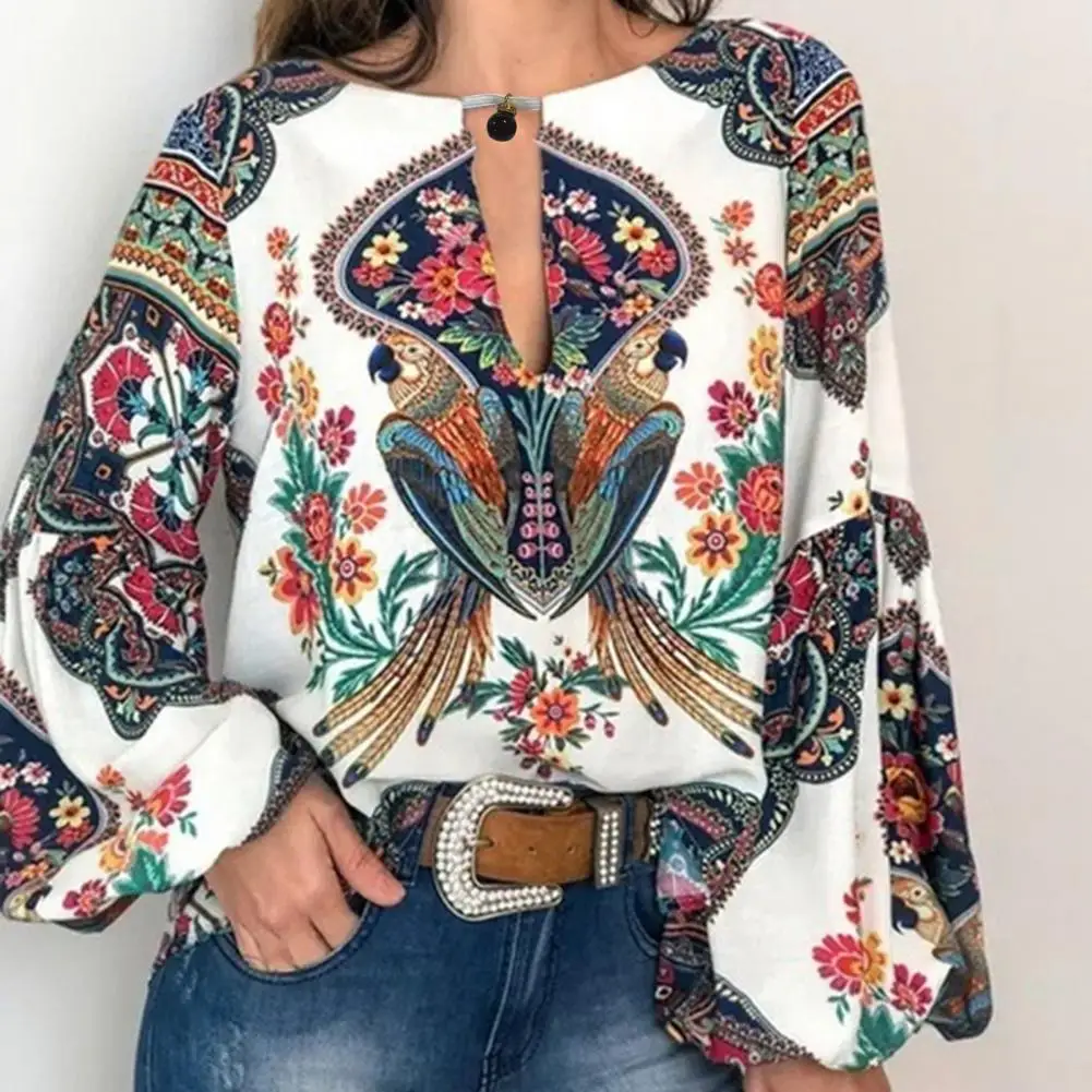 Chic Women Shirt Colorful Print Long Sleeves Crew Neck Retro Loose Pullover Ethnic Style Round Neck Women Blouse Women Clothes