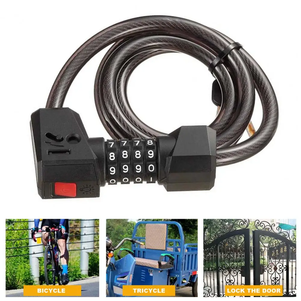 LED 라이트 자전거 잠금 장치, 4 자리 재설정 가능 조합, 전단 방지 범용 자전거 케이블 보안 범용