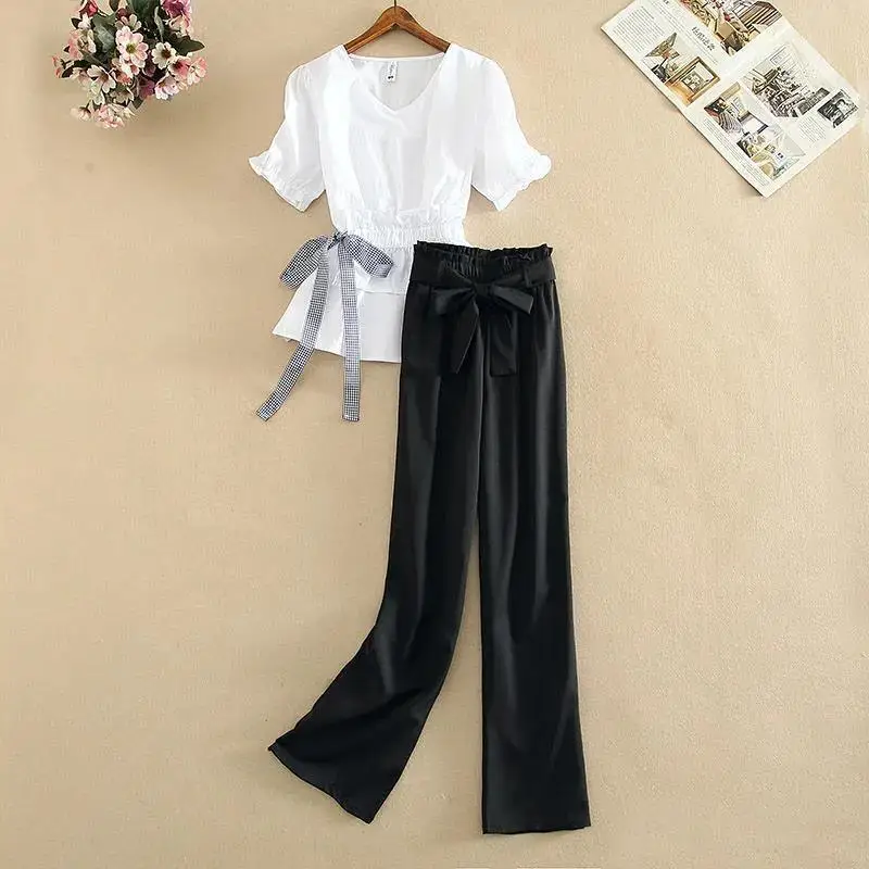 2024 Spring/Summer New Large Women's Loose and Slim Bubble Sleeves Bow Tie Waist Waist Wide Leg Pants Set Two Pieces for Woman