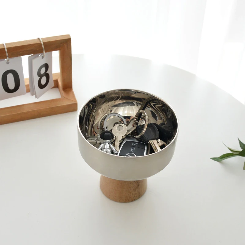 Simple Stylish Round Solid Wood Tray Stainless Steel Bowls Small Item Storage Tray Food Desktop Storage Kitchen Decor Plate
