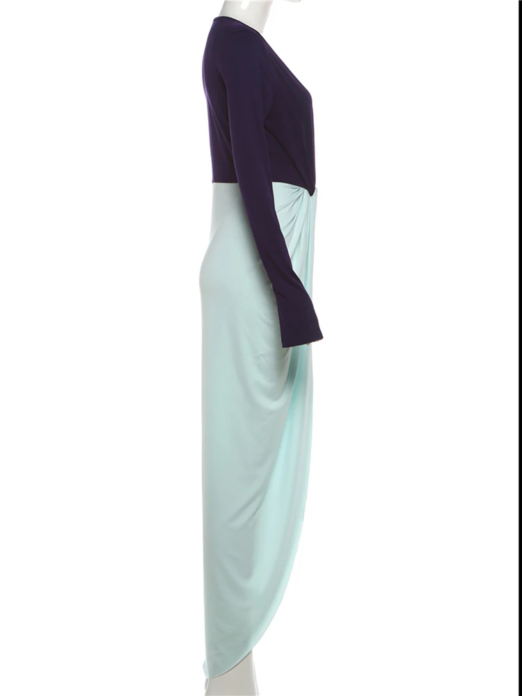 Nibber Fashion Contrast Color Patchwork Long Dress Woman Deep V-Neck Flared Sleeve Ruched Hem Street Elegant Skinny Vestidos