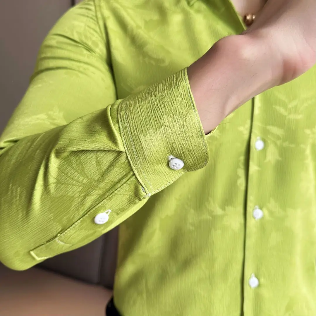 Wedding Shirts for Men Luxury Glossy Turn-Down Neck Long Sleeve Social Blouses Camisa Male Blouse Print Men Clothing Green 2024