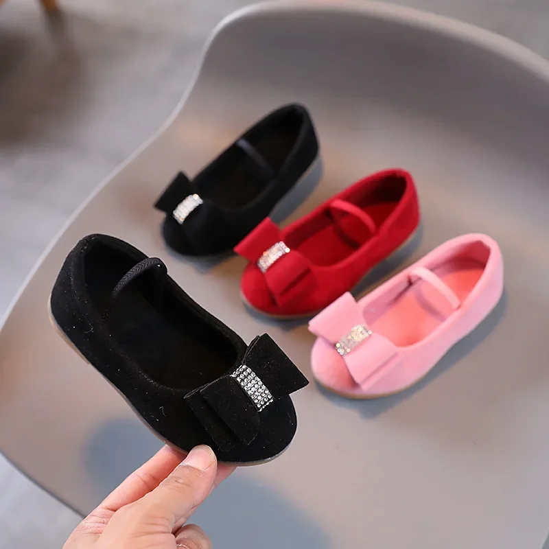Suede School Shoes for Girls New Spring Summer Breathable Princess Shoe Child Simple Design Bowtie Children Footwear H06089