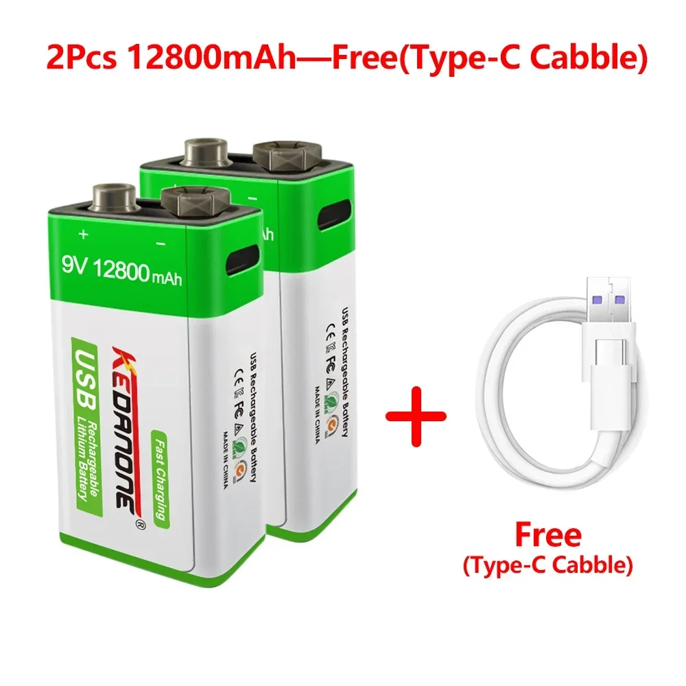 

New 9V Rechargeable Battery 12800mAh 6F22 Micro USB 9v Li-ion Lithium Batteries for Multimeter Microphone Toy Remote Control KTV