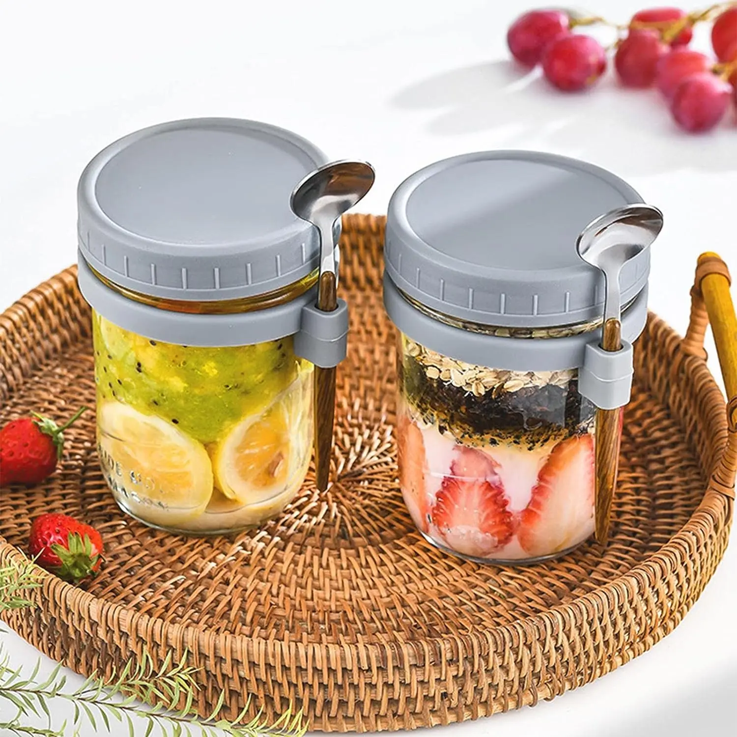 2/4 Pack Overnight Oats Containers with Lid and Spoon, 12 Oz Mason