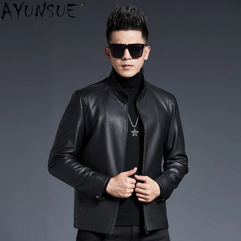 

AYUNSUE Genuine Sheepskin Leather Jacket Men Spring Autumn Standing Collar Real Leather Coat Short Motorcycle Leather Jakcets