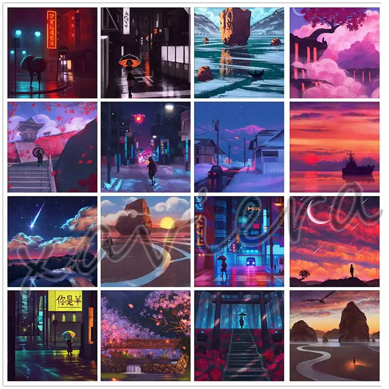 

5D Diy Diamond Painting Night City Landscape Mosaic Cross Stitch Kits Pink Purple Scenery Building Full Drill Embroidery Crafts