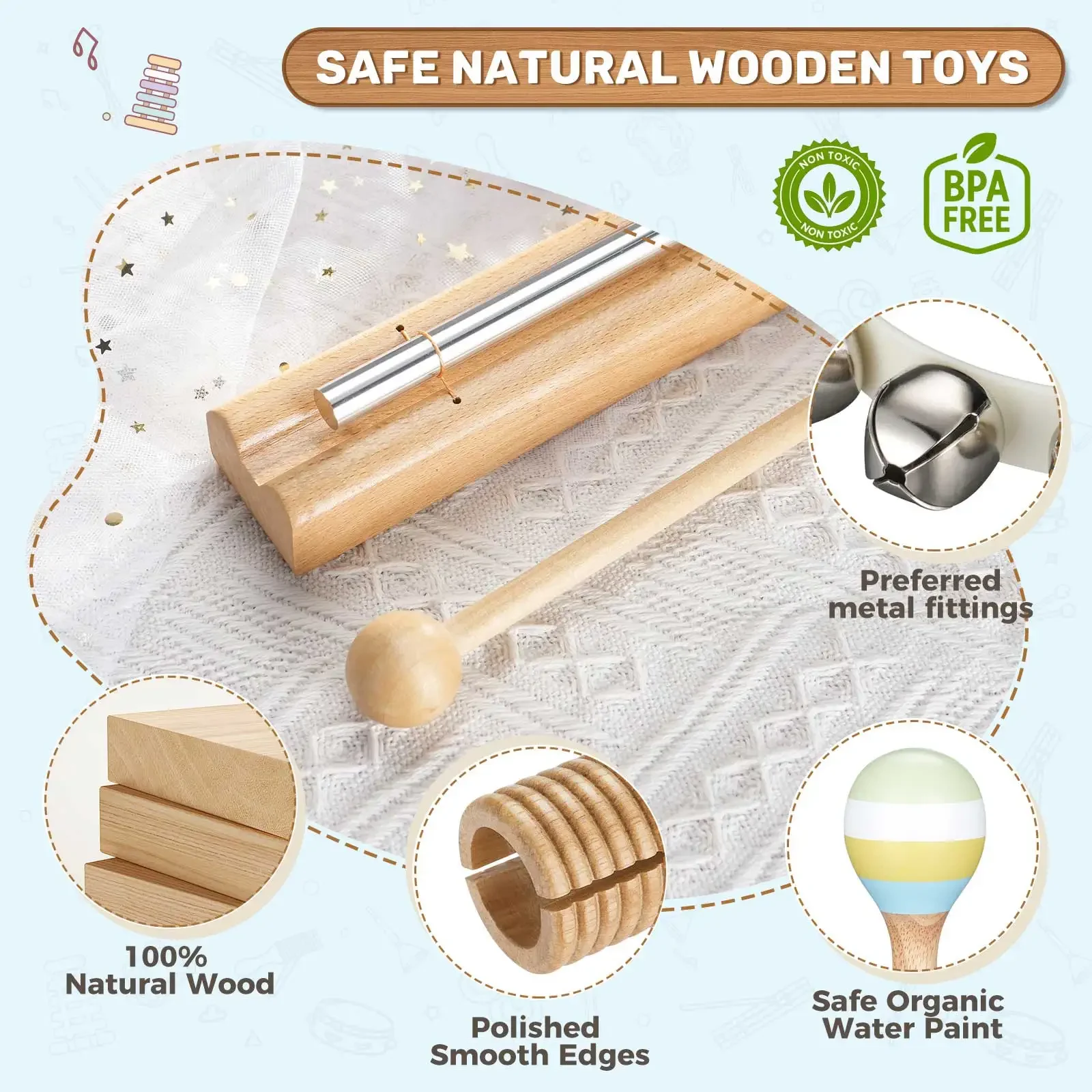 Pogolab Wooden Xylophone Drum Set Tambourine Maraca Xylophone Cymbal Hand Bells Chime Bar Percussion Instruments Set for Kids