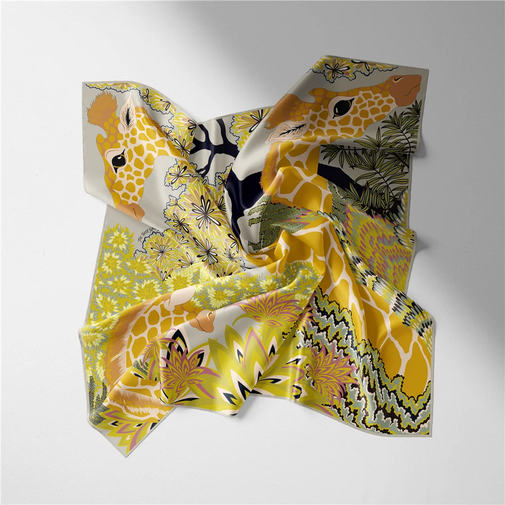 53 cm Marke Giraffe Quadrat Schal Frau 2024 Design Silk Schal Frauen Bandana Luxus Stirnband Hijab Halstuch – Detail 16