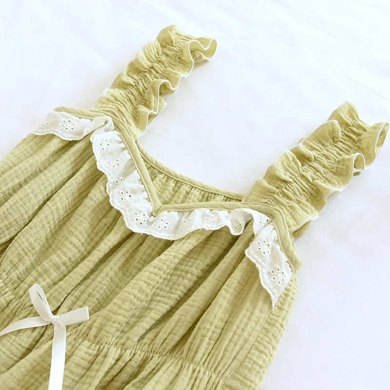 2023 New Summer Women's Pajama Set 100% Cotton Crepe Vest+Shorts Two Piece Set Ladies Green Solid Lace Cute Home Fur Girls