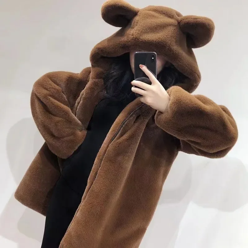 Winter New Hat Hooded Thickened Plush Medium Length Jacket Women Cute Bear Ears Loose Fit Coat Warm Comfortable Female Outerwear - Image 3