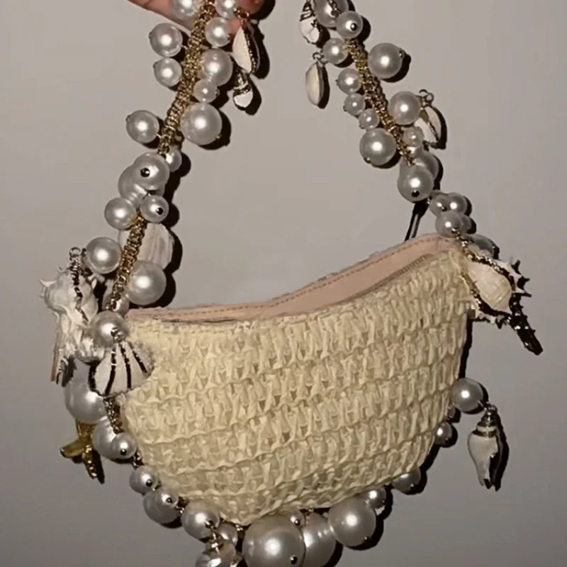 Bohemian Pearls Straw Bag Conch Starfish Women Handbags Half Moon Beach Shoulder Bag Designer Rattan Crossbody Bags Ladies Tote