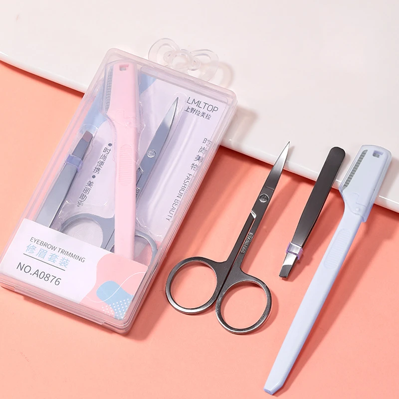 3-piece Set Makeup Tools Curved Blade Scissors,Trimmer ,Tweezers Beauty Stainless Steel Eyelash Eyebrow Nose Hair Remover Razor